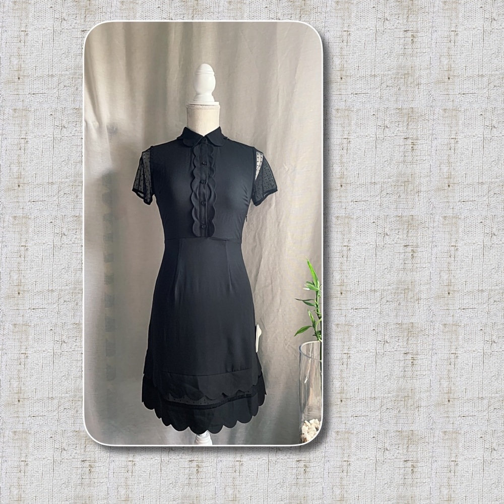 Deep Black XX-Small Scalloped Illusion Flare Dress